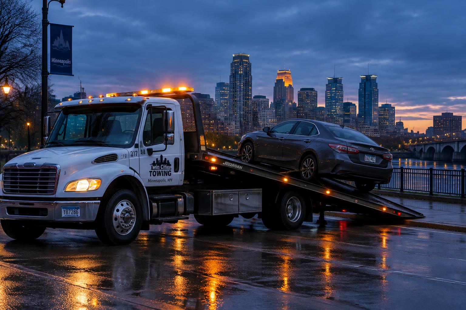 A flatbed tow truck loading a sedan on a city street at dusk