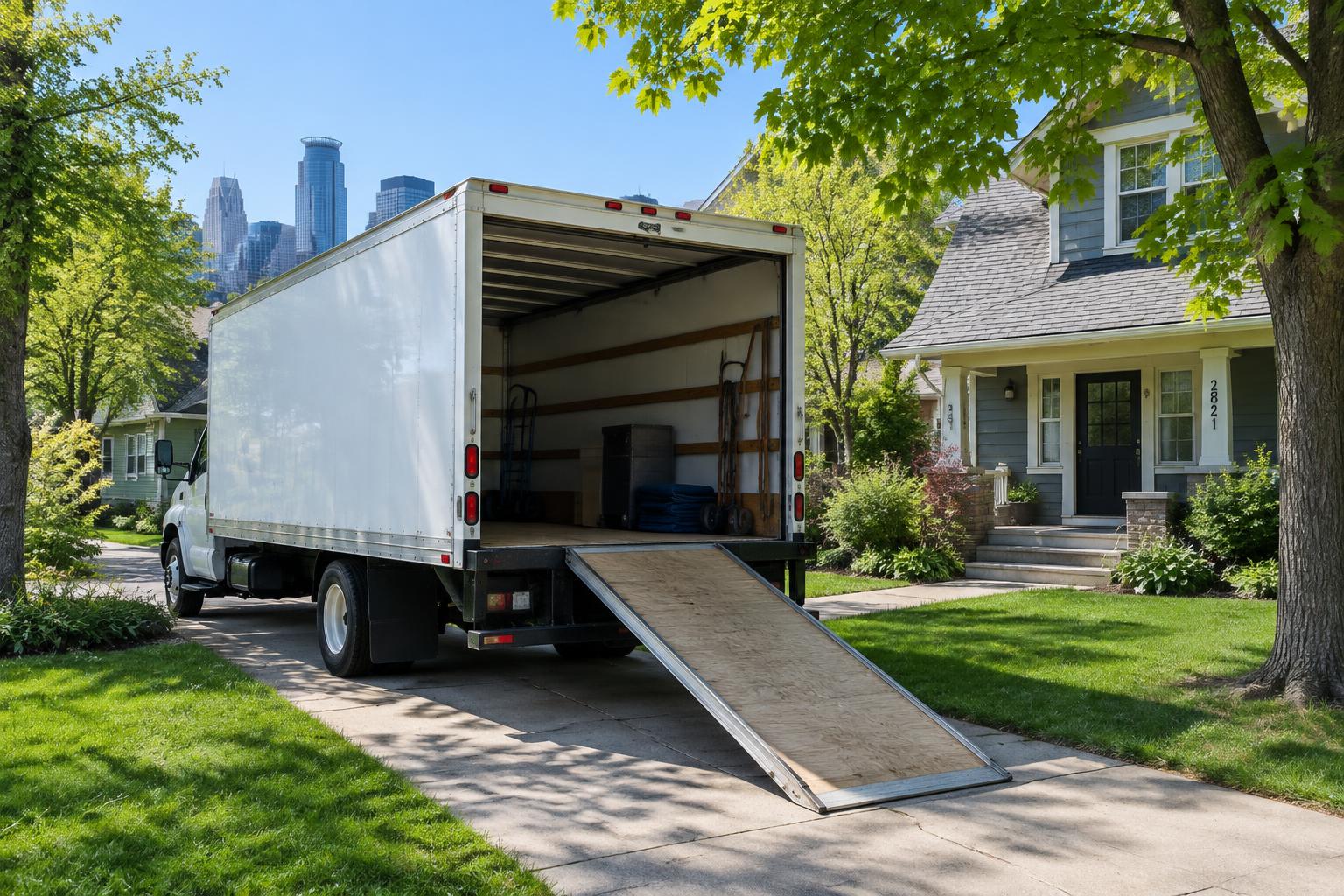 A white moving truck with its rear door open in a residential driveway